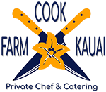 New Farm Cook Kauai logo featuring crossed chefs knives and a flower in the center.